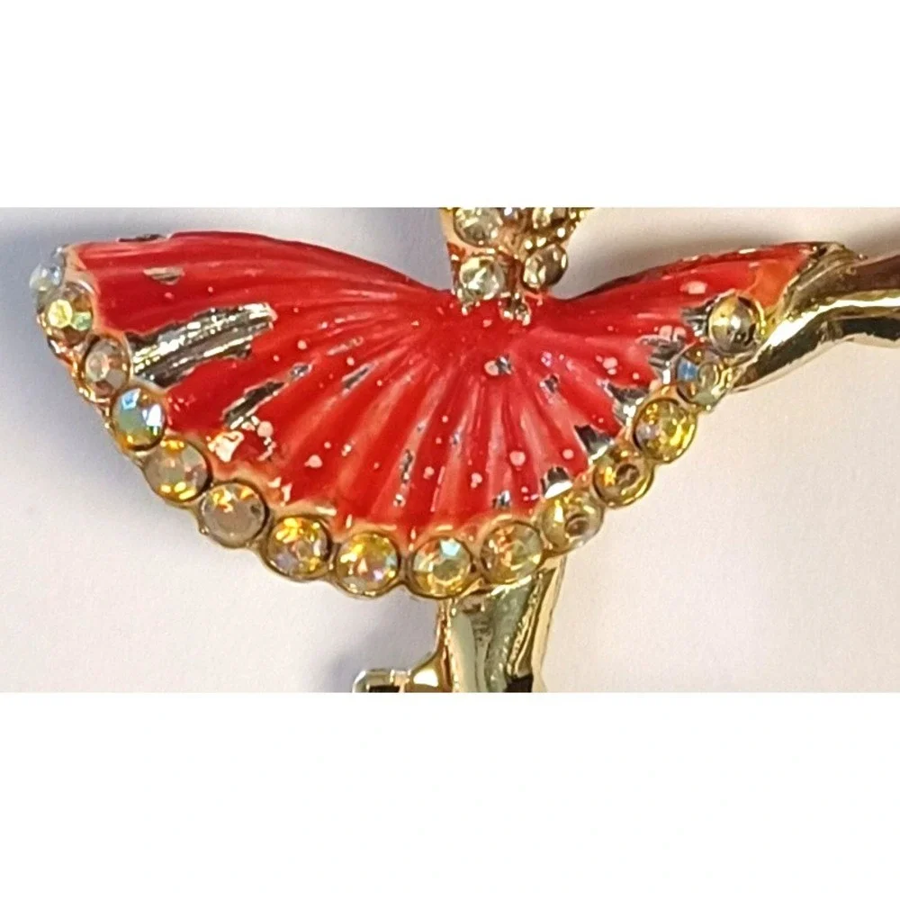 Ballerina Dancer Brooch Pin Gold Tone Red Enamel Rhinestone Faux Pearl Accent